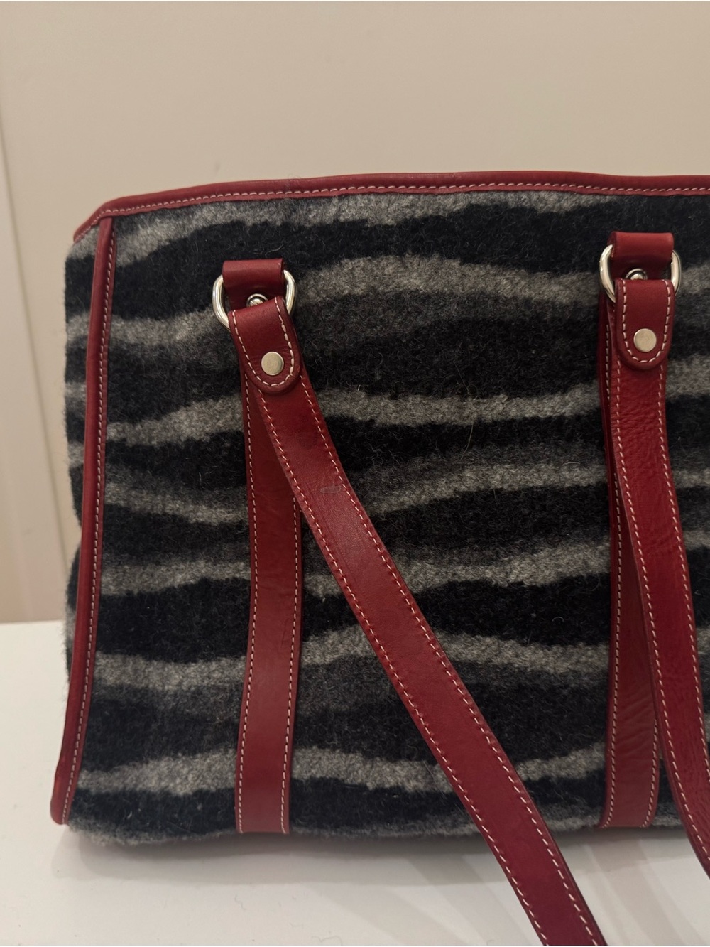 Women's Grey Stripe Wool Tote with Red Leather Trim